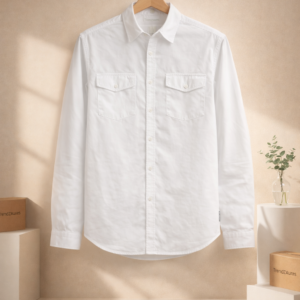 Men’s Classic White Denim Shirt – Full Sleeves | Dual Flap Pockets | Regular Fit