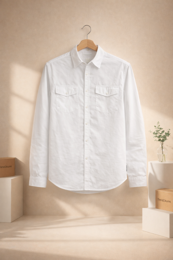Men’s Classic White Denim Shirt – Full Sleeves | Dual Flap Pockets | Regular Fit