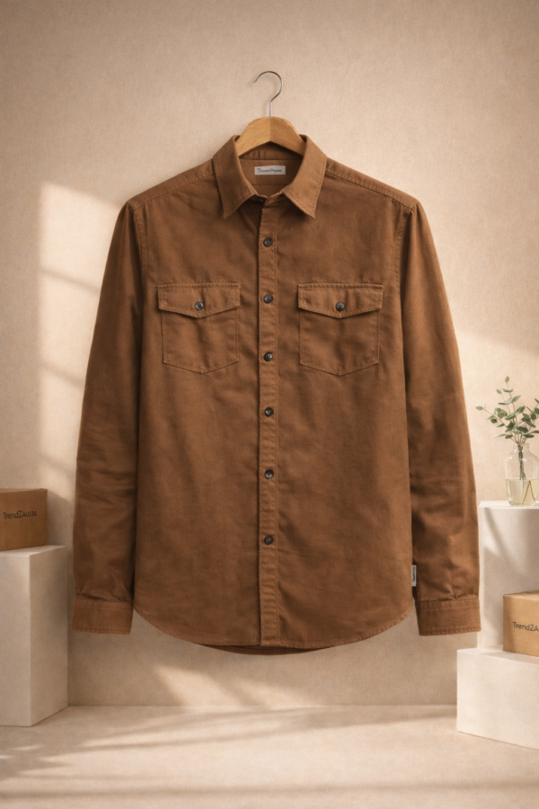 Men’s Rich Brown Denim Utility Shirt – Full Sleeves | Regular Fit | 2 Flap Pockets