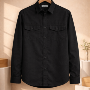 Men’s Solid Black Denim Shirt – Full Sleeves | Dual Chest Pockets | Regular Fit