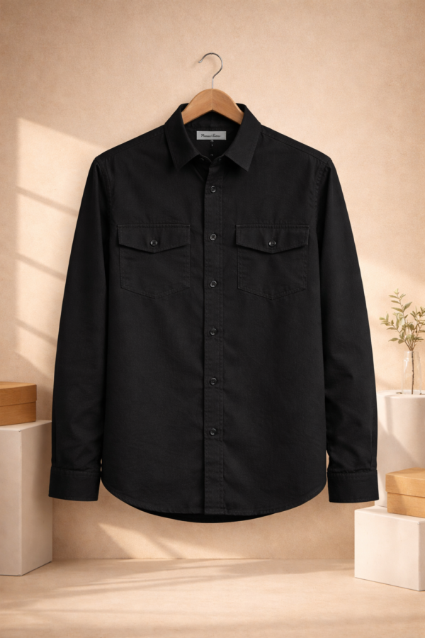 Men’s Solid Black Denim Shirt – Full Sleeves | Dual Chest Pockets | Regular Fit