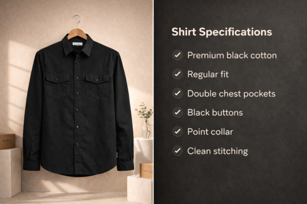 Men’s Solid Black Denim Shirt – Full Sleeves | Dual Chest Pockets | Regular Fit