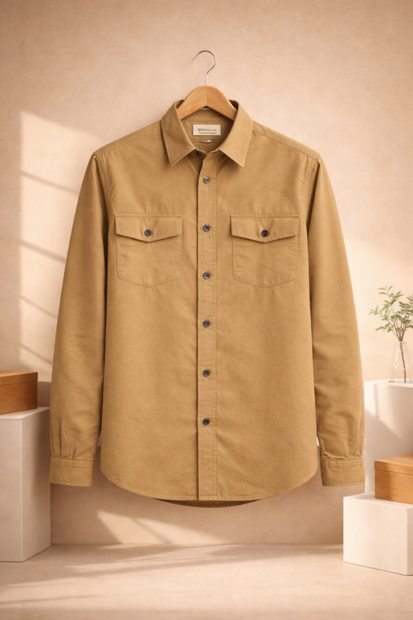 Men’s Premium Tan Utility Shirt – Full Sleeves | Regular Fit | Double Pockets