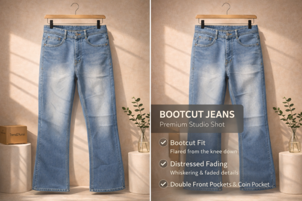 Men’s Light Blue Bell Bottom Jeans – Bootcut Fit | Distressed Fading | Flared Leg